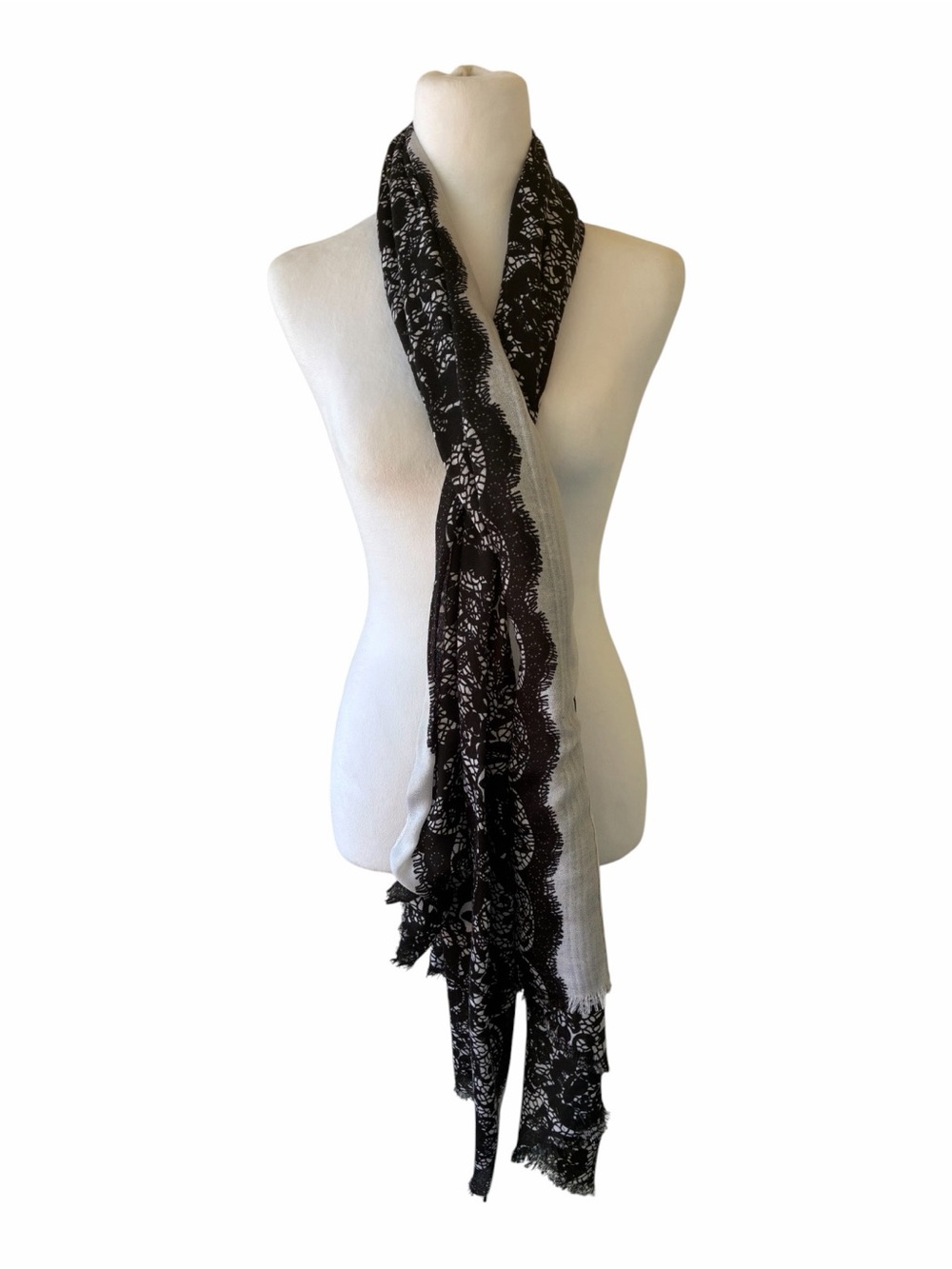 Black and White Lace-Trim Scarf - Women Accessories-31 in x 76 in